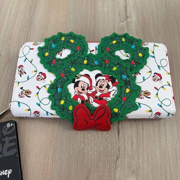 Loungefly Handbags - Loungefly Disney Mickey and Minnie Mouse Christmas Wreath Zip Around Wallet